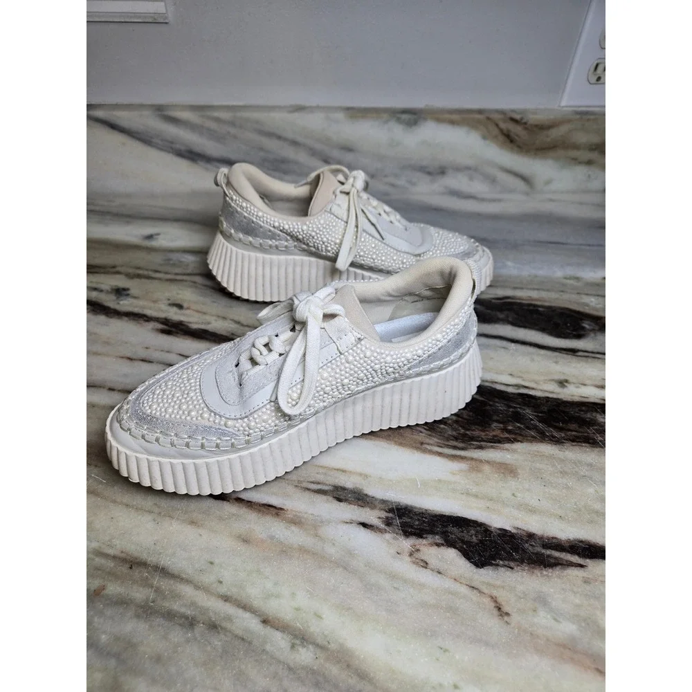 Dolce Vita Dolen Pearl Embellished Platform Sneakers Cream Silver Womens Shoes - Picture 8 of 10